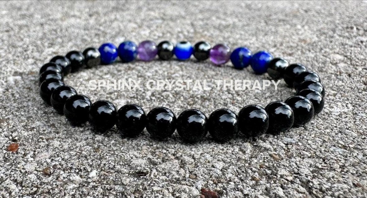 6mm Protection & Intuition - Aura Shield " Nice Try Evil Eye " Nazaar Amulet - AAA Lapis - Black Tourmaline - Real Crystal Healing Gemstones