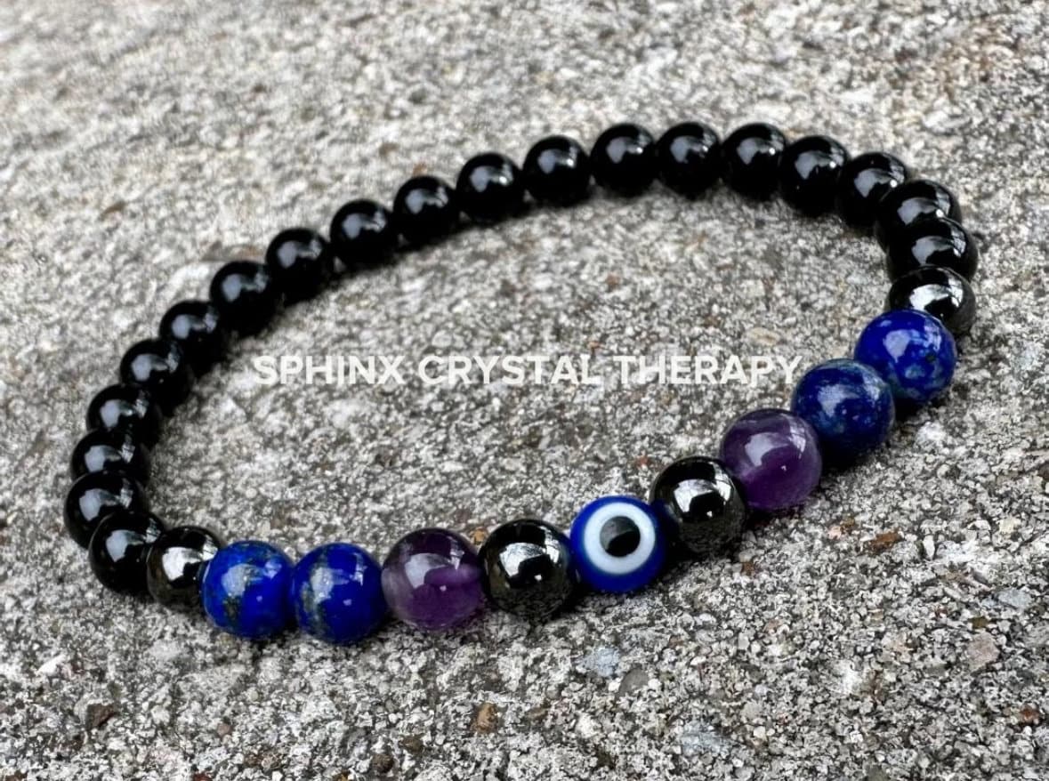 6mm Protection & Intuition - Aura Shield " Nice Try Evil Eye " Nazaar Amulet - AAA Lapis - Black Tourmaline - Real Crystal Healing Gemstones
