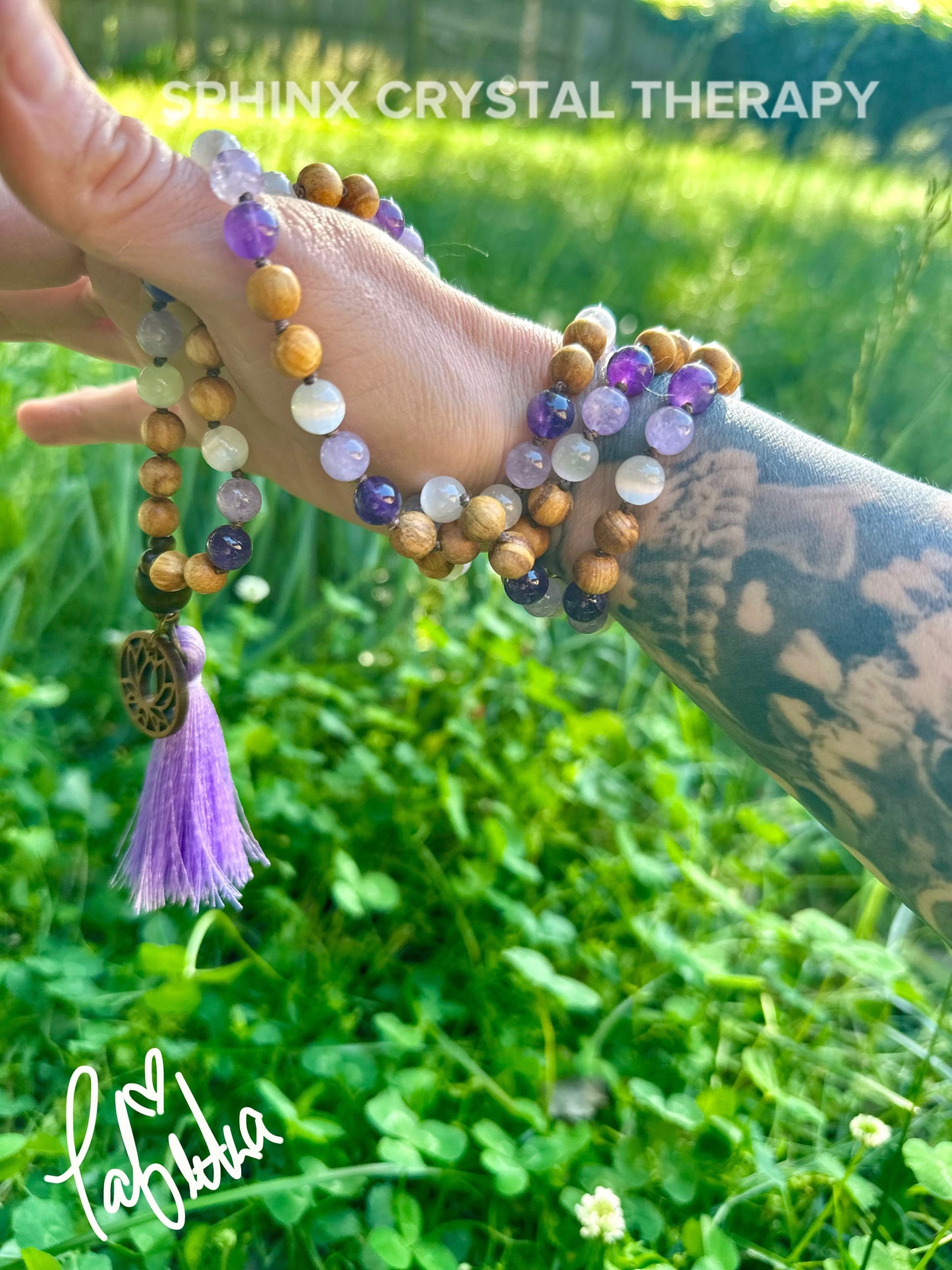 High Vibration Mala " The Light Worker " Divine Healer - Amethyst - Selenite - Real Crystal Healing Gemstones - Palo Santo Mantra Necklace