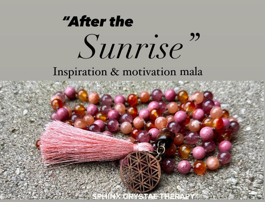 Inspiration & Creativity Mala - Motivation "After the Sunrise" Strawberry Quartz - Sunstone - High Quality Crystal Healing Gemstone Necklace