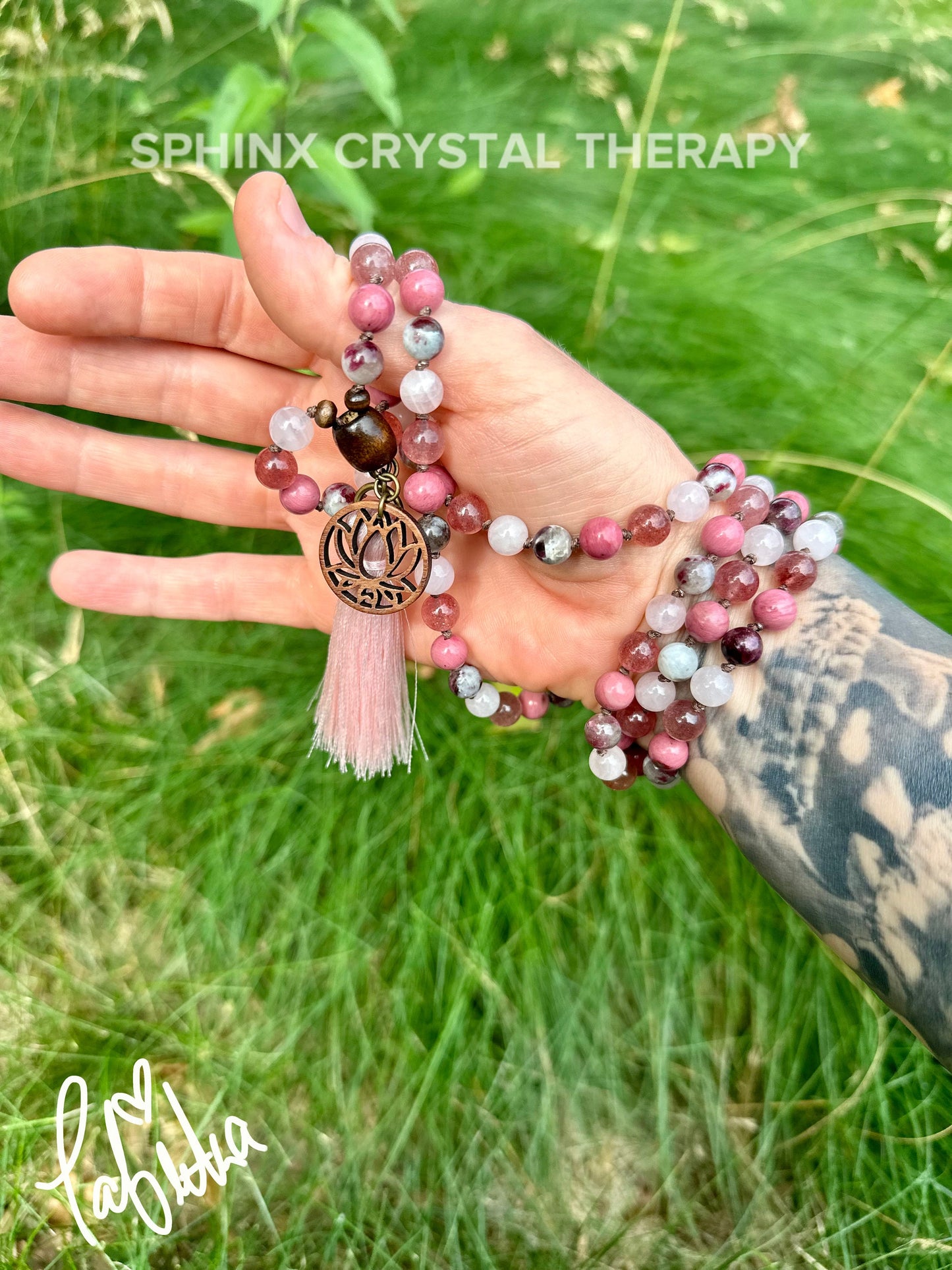 Self Love & Emotional Healing Mala Necklace " Strawberry Fields " Strawberry Quartz - Eudialyte - Hand Knotted 108 Crystal Healing Gemstones