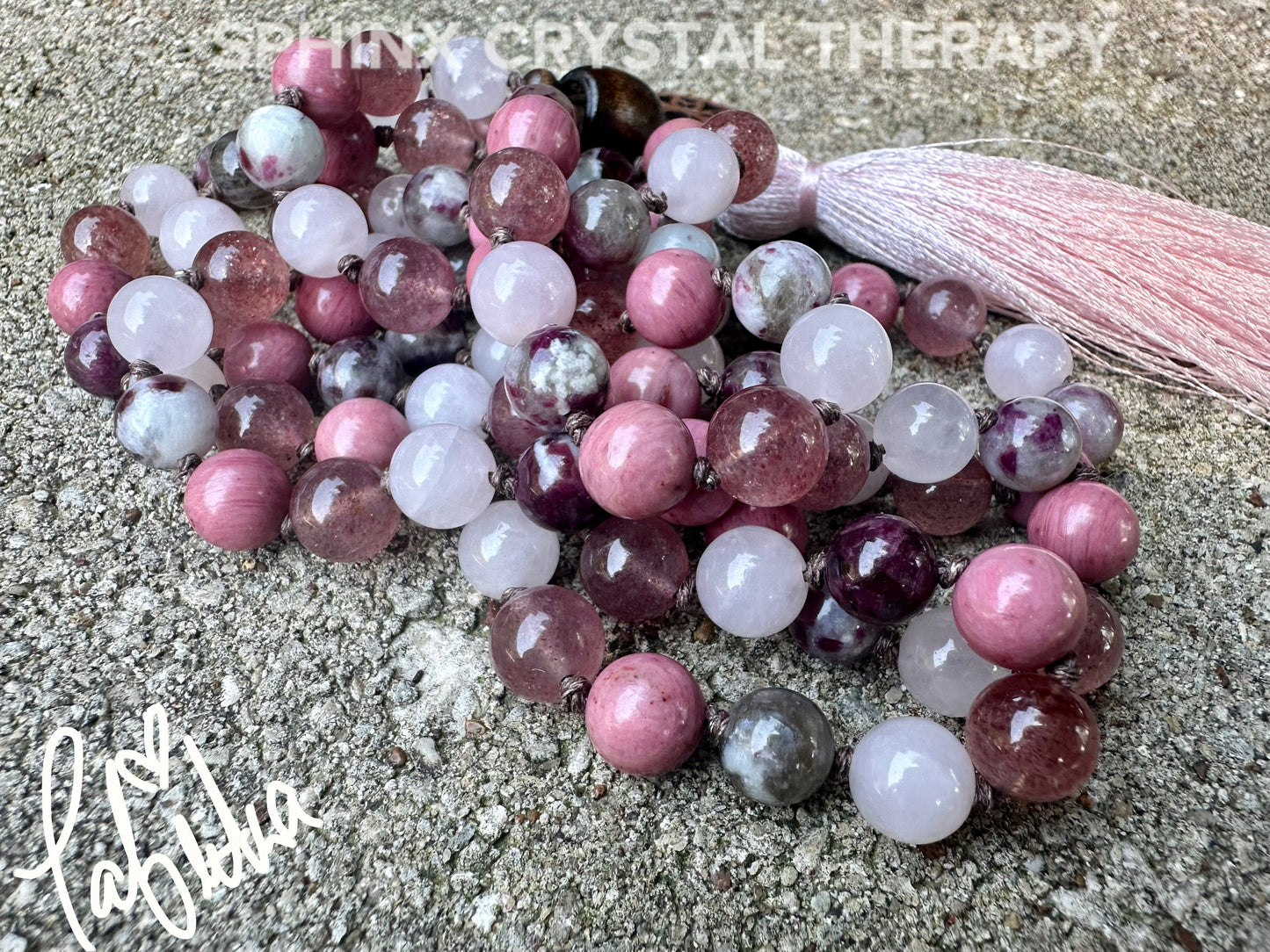 Self Love & Emotional Healing Mala Necklace " Strawberry Fields " Strawberry Quartz - Eudialyte - Hand Knotted 108 Crystal Healing Gemstones