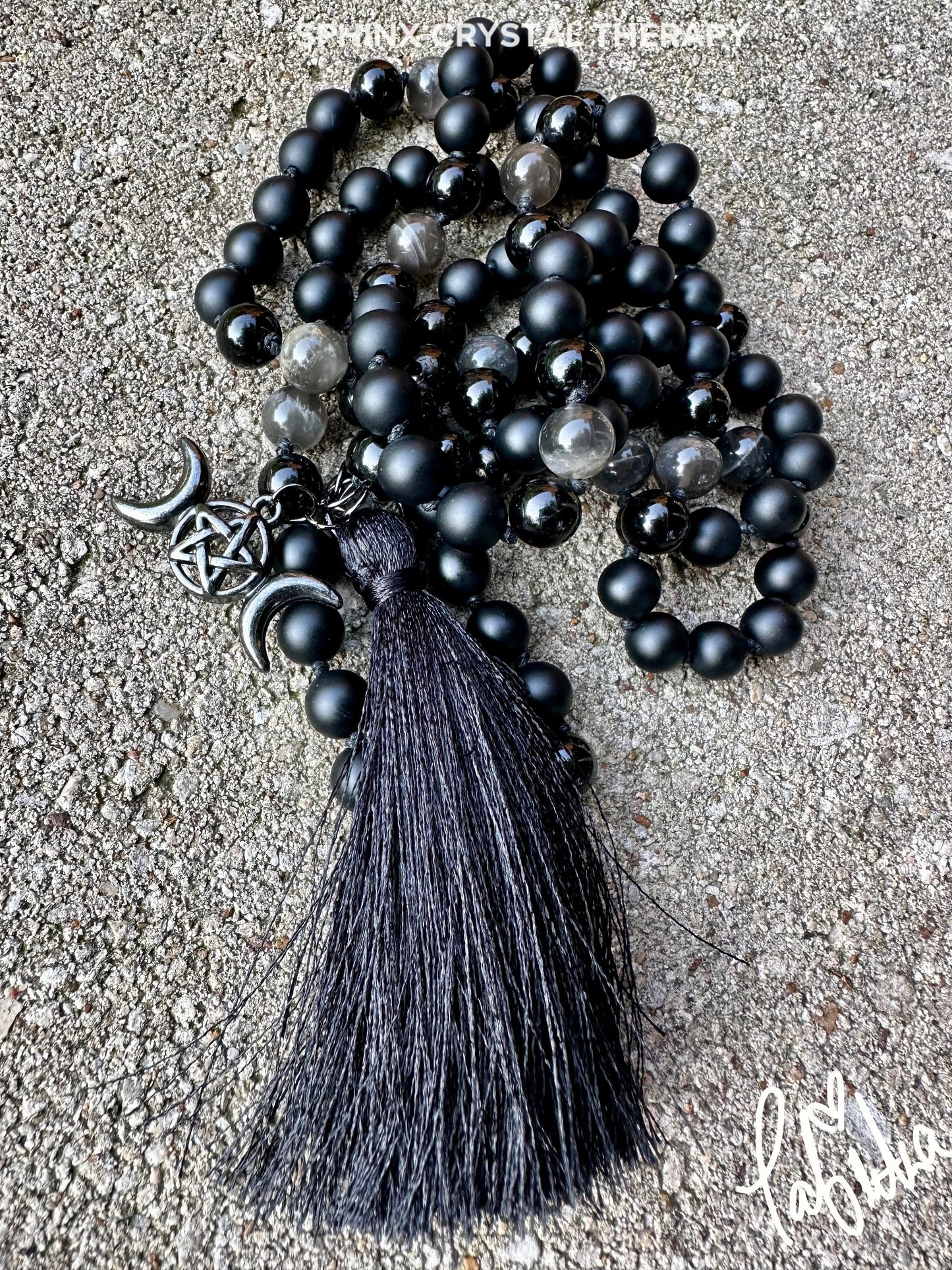 Triple Moon Goddess Mala - RARE Black Moonstone " Queen Of Shadows " Hecate Spiritual Protection - Onyx - Jet - Crystal Healing Necklace