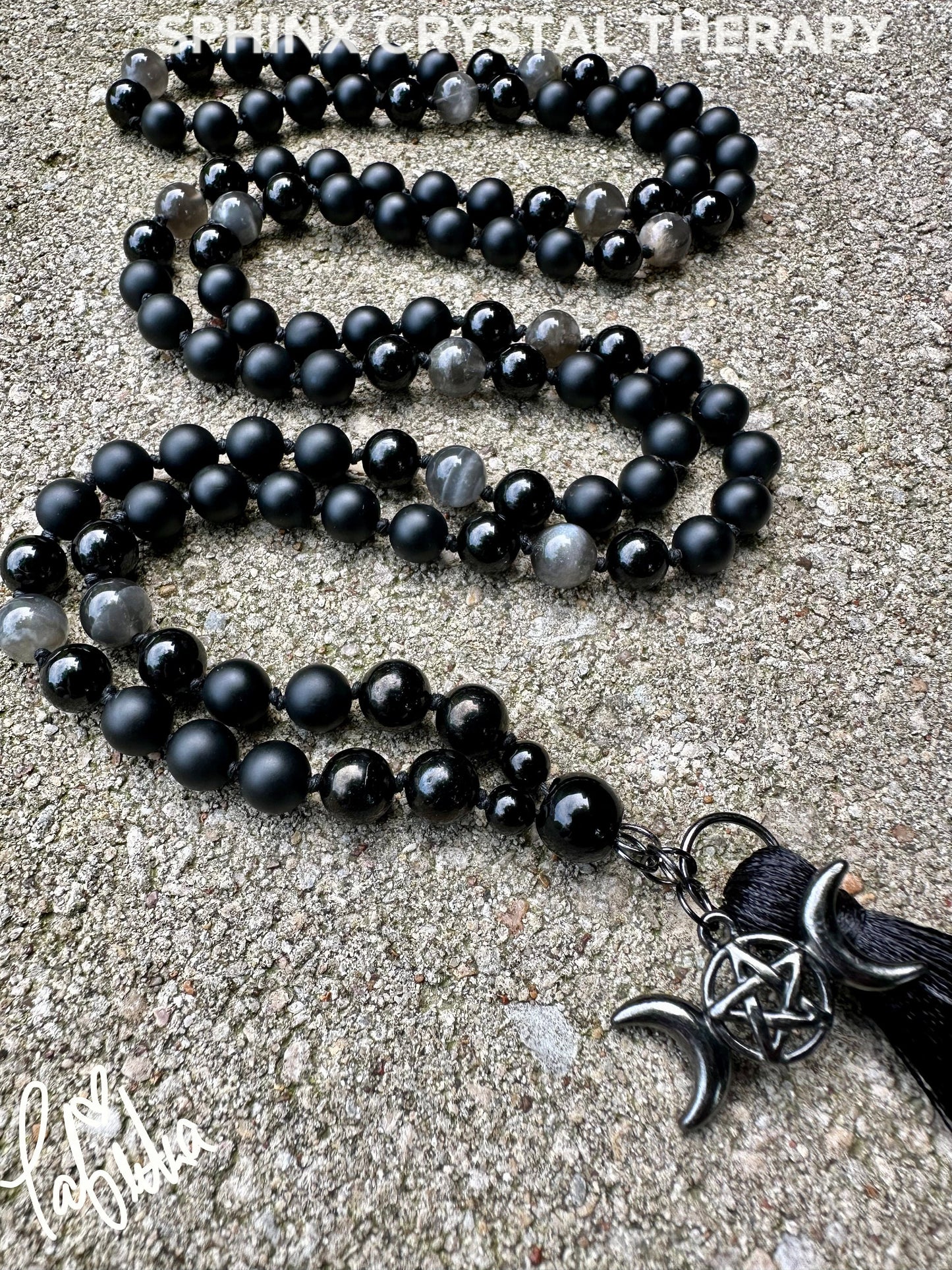 Triple Moon Goddess Mala - RARE Black Moonstone " Queen Of Shadows " Hecate Spiritual Protection - Onyx - Jet - Crystal Healing Necklace