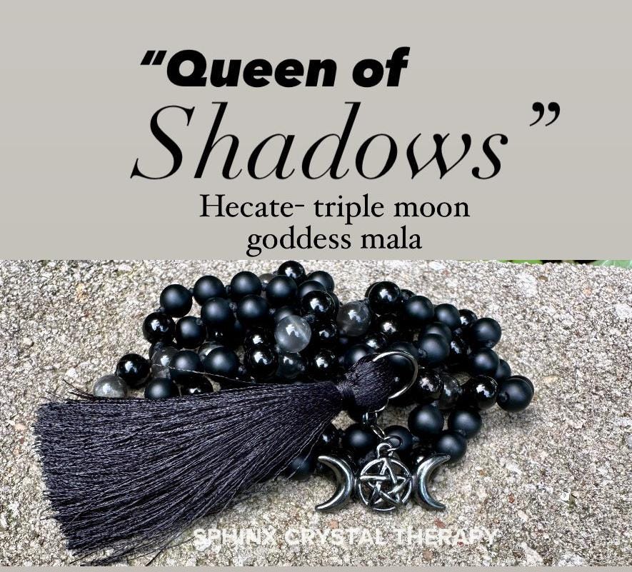 Triple Moon Goddess Mala - RARE Black Moonstone " Queen Of Shadows " Hecate Spiritual Protection - Onyx - Jet - Crystal Healing Necklace