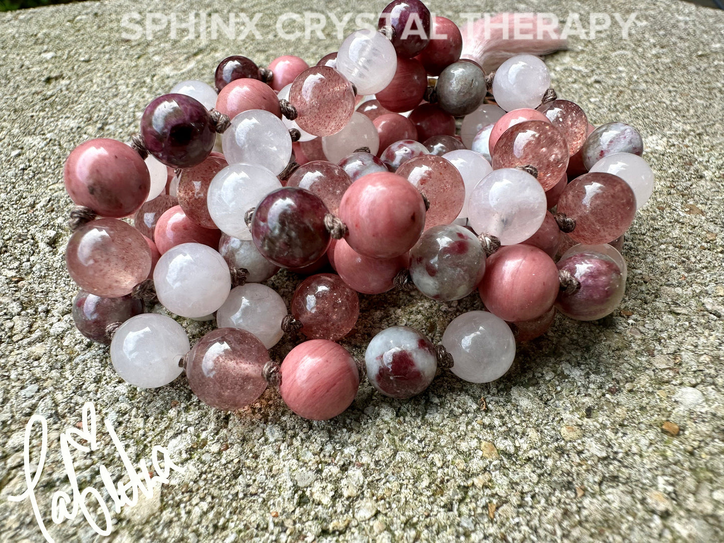 Self Love & Emotional Healing Mala Necklace " Strawberry Fields " Strawberry Quartz - Eudialyte - Hand Knotted 108 Crystal Healing Gemstones