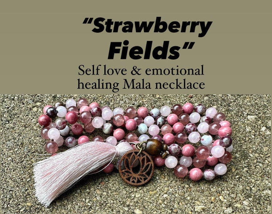 Self Love & Emotional Healing Mala Necklace " Strawberry Fields " Strawberry Quartz - Eudialyte - Hand Knotted 108 Crystal Healing Gemstones