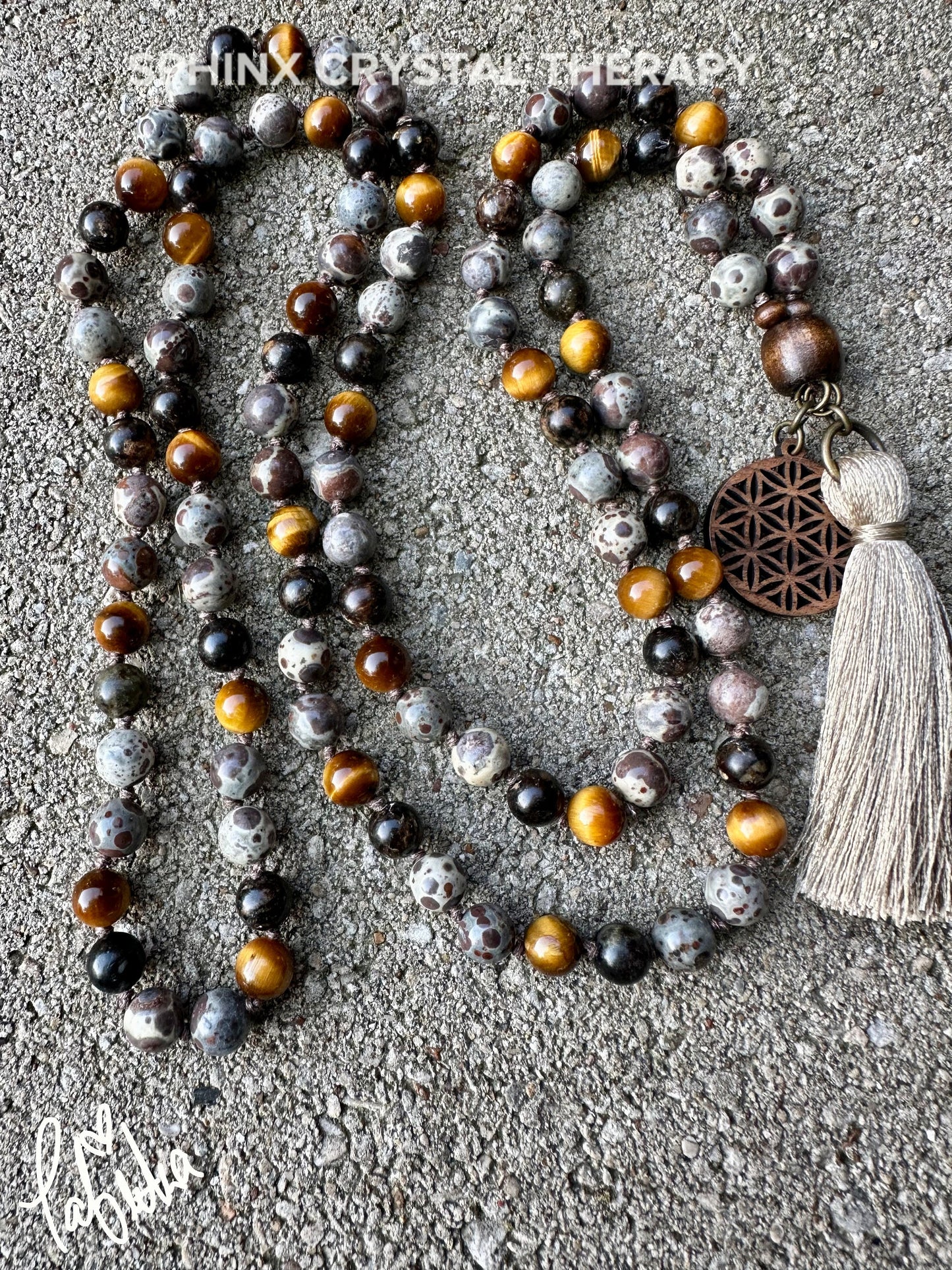 Anxiety & Stress Support Mala - Protection " The Stone Skin Totem " Tigers Eye - Asteroid Jasper - Phlogopite - Crystal Gemstone Necklace