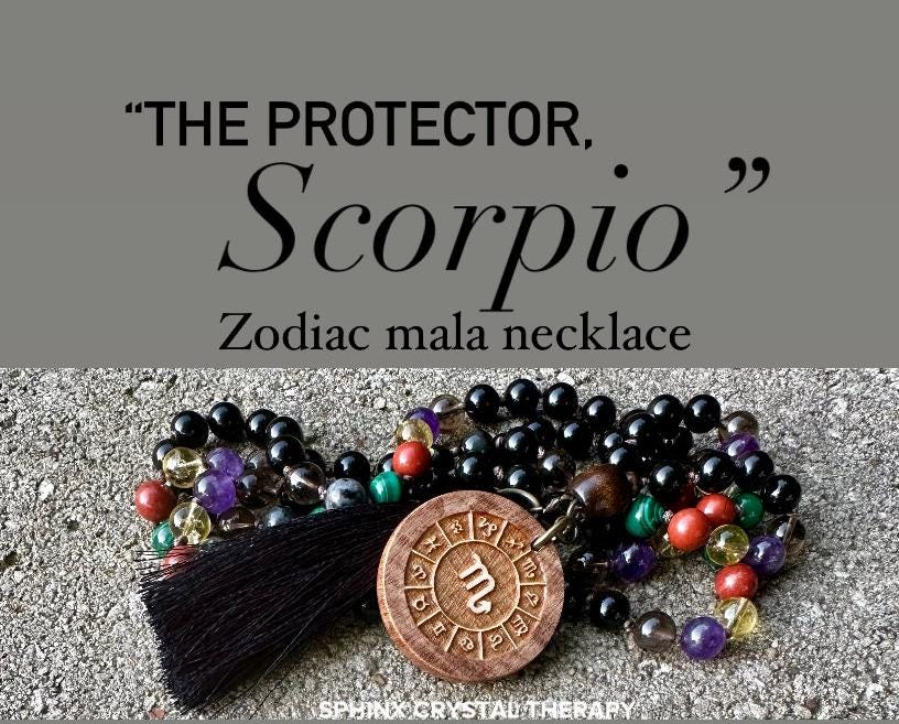 Scorpio Energy Mala - Zodiac Horoscope " The Protector Scorpio " October November Birthday - High Quality Crystal Healing Gemstone Necklace