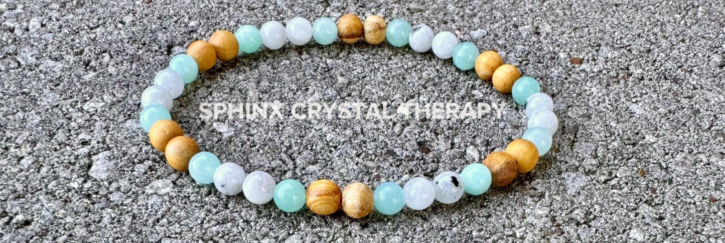 Inner Peace Anklet " Goddess of Harmony " Communication & Self Expression - AAA Moonstone - Amazonite - Palo Santo - REAL Crystal Gemstones