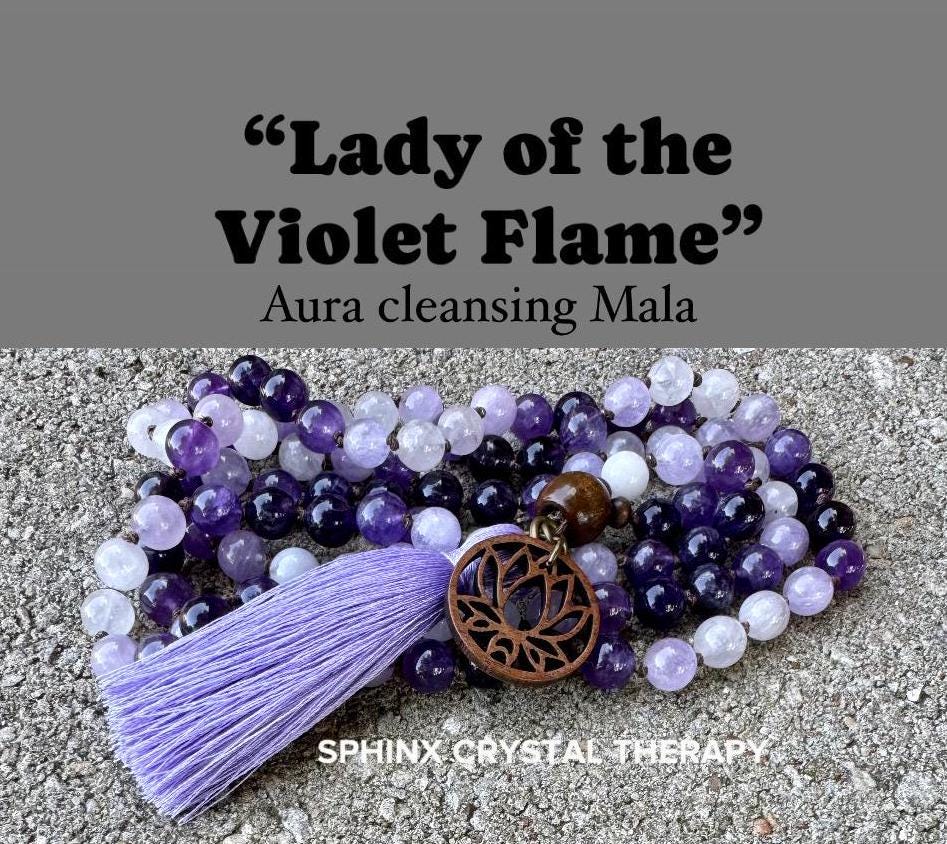 Only One High Vibration Mala " Lady of the Violet Flame " Divine Healer - RARE High Grade Amethyst - Real Crystal Healing Gemstone Necklace