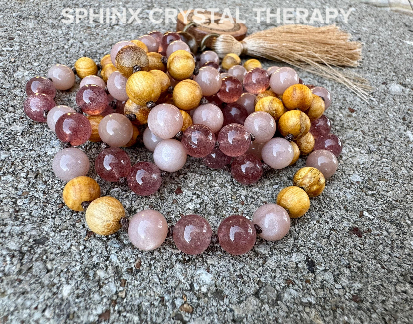 Heart Healing & Stress Support Mala " Goddess of Renewal " AAA Moonstone - Strawberry Quartz - Palo Santo - High Quality Gemstone Crystals