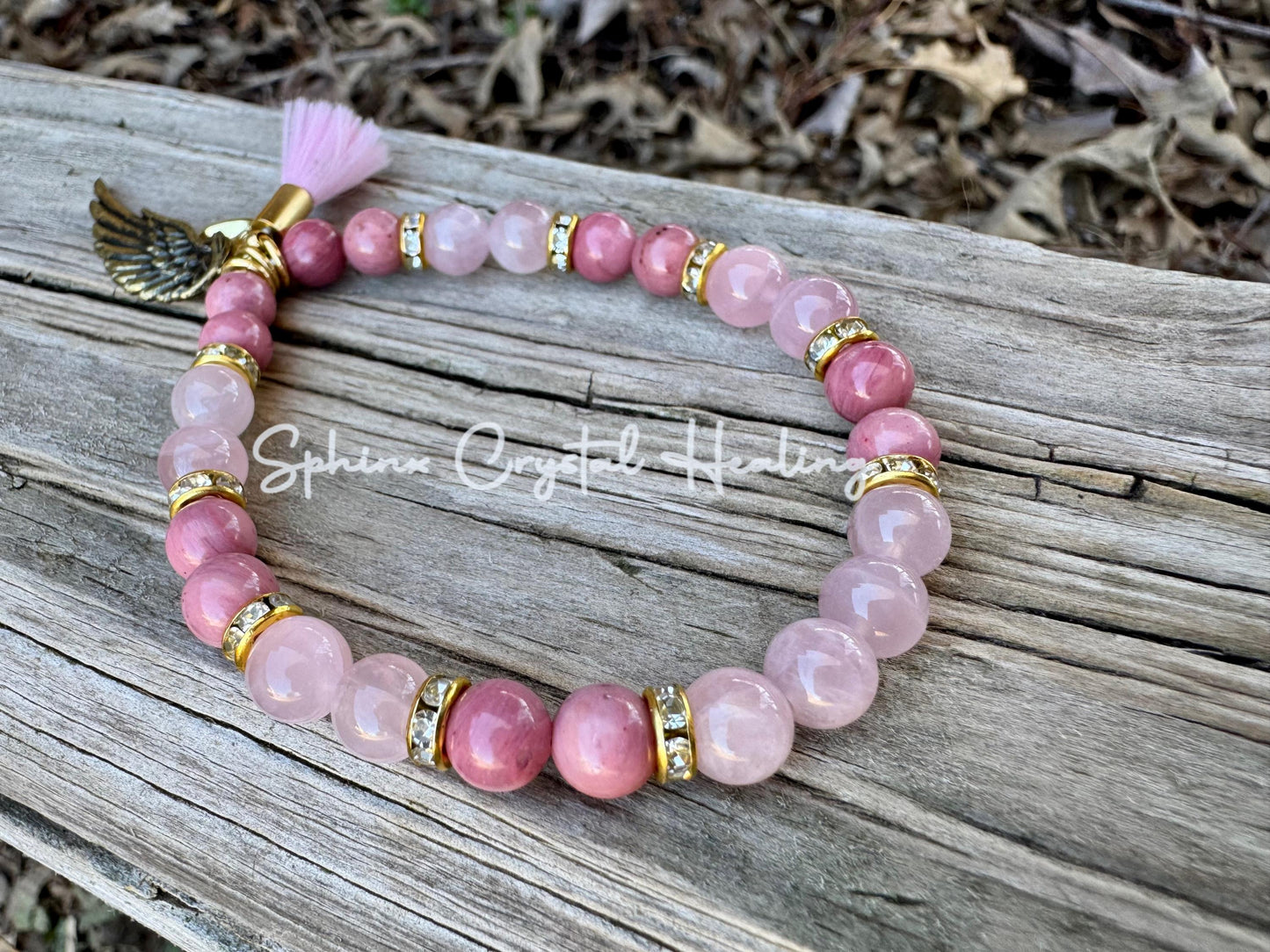 6mm Breast Cancer Awareness “ Her Wings ” Hope - Emotional Healing - AAA Rose Quartz - Rhodonite - Crystal Energy Healing Gemstone Bracelet