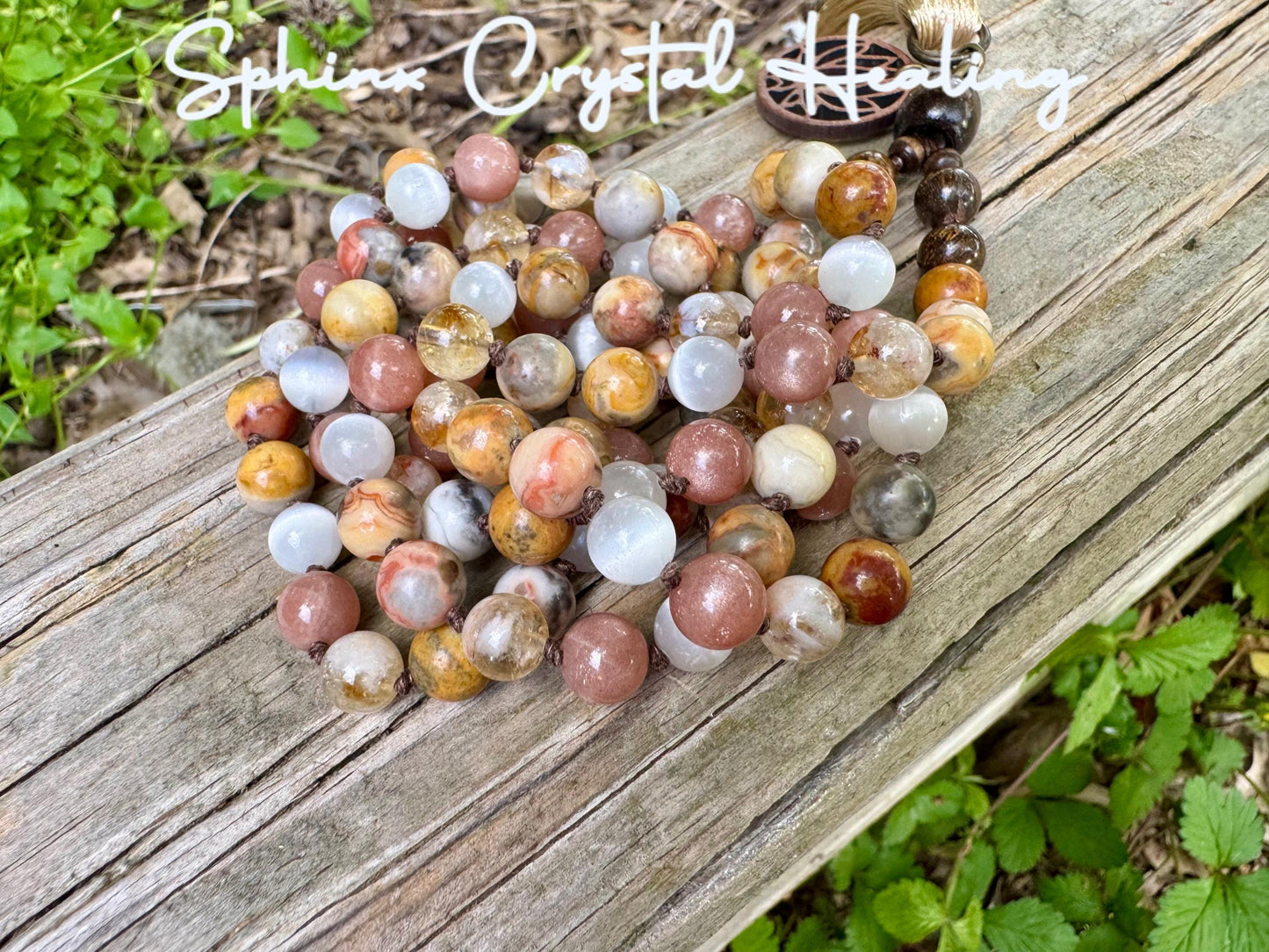 Positivity & Joy Mala Necklace " Flower Child " Happiness and Abundance - Positive vibes - Aura Protection - Real Crystal Healing Gemstones