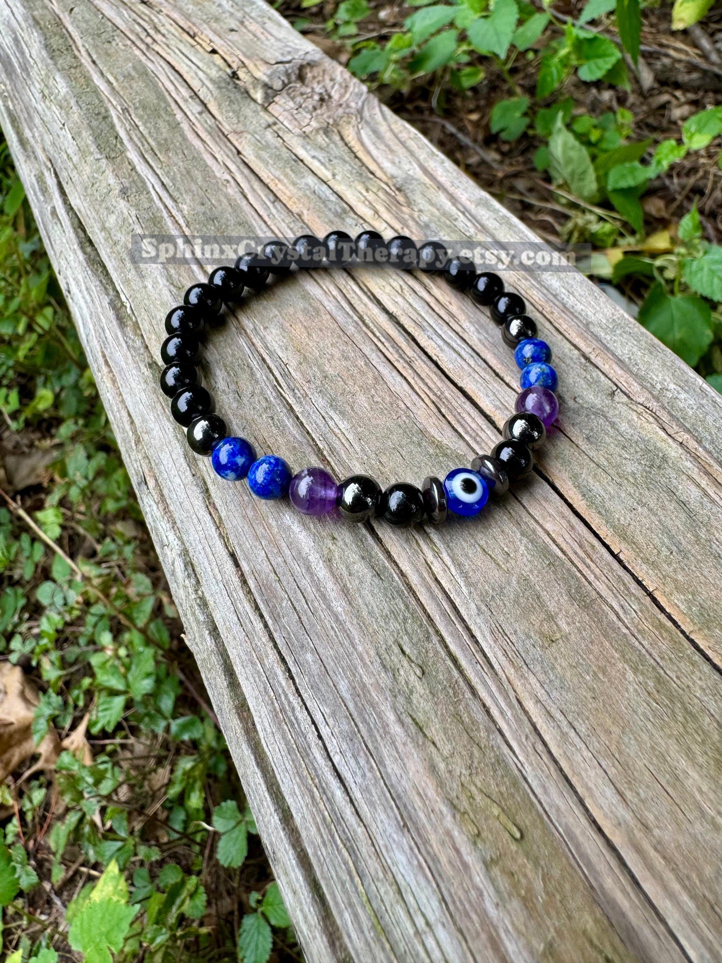 6mm Protection & Intuition - Aura Shield " Nice Try Evil Eye " Nazaar Amulet - AAA Lapis - Black Tourmaline - Real Crystal Healing Gemstones
