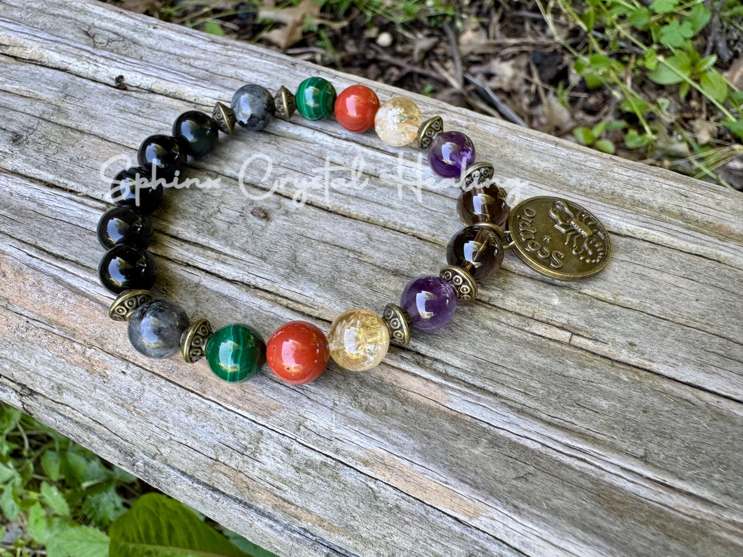 Scorpio Energy - Zodiac Bracelet " The Protector , Scorpio " October November Birthday - Birthstone Crystals & Gemstones - Bronze Accents