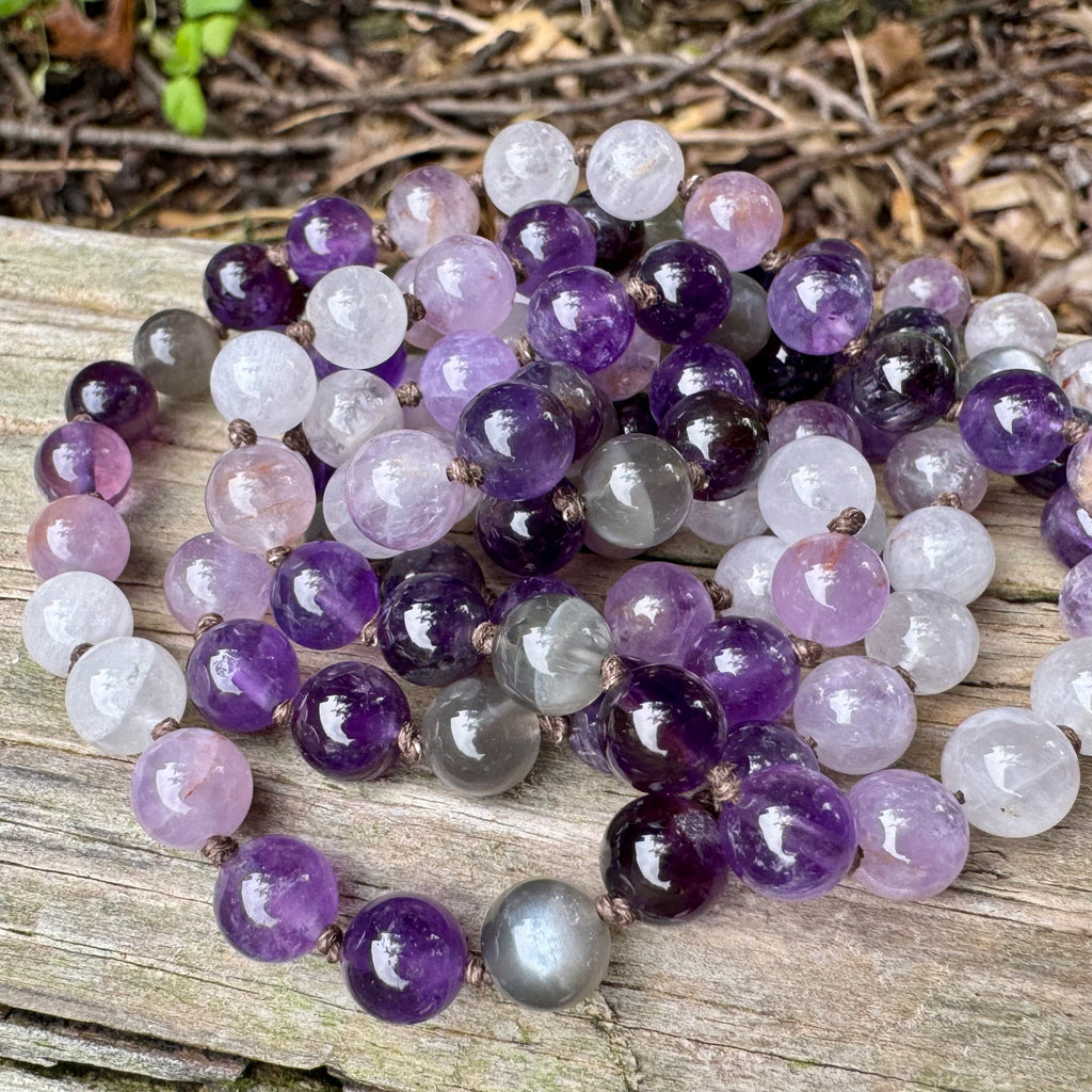 Lady of the Violet Flame • Amethyst, Black Moonstone & Hematite Spiritual Mala Necklace