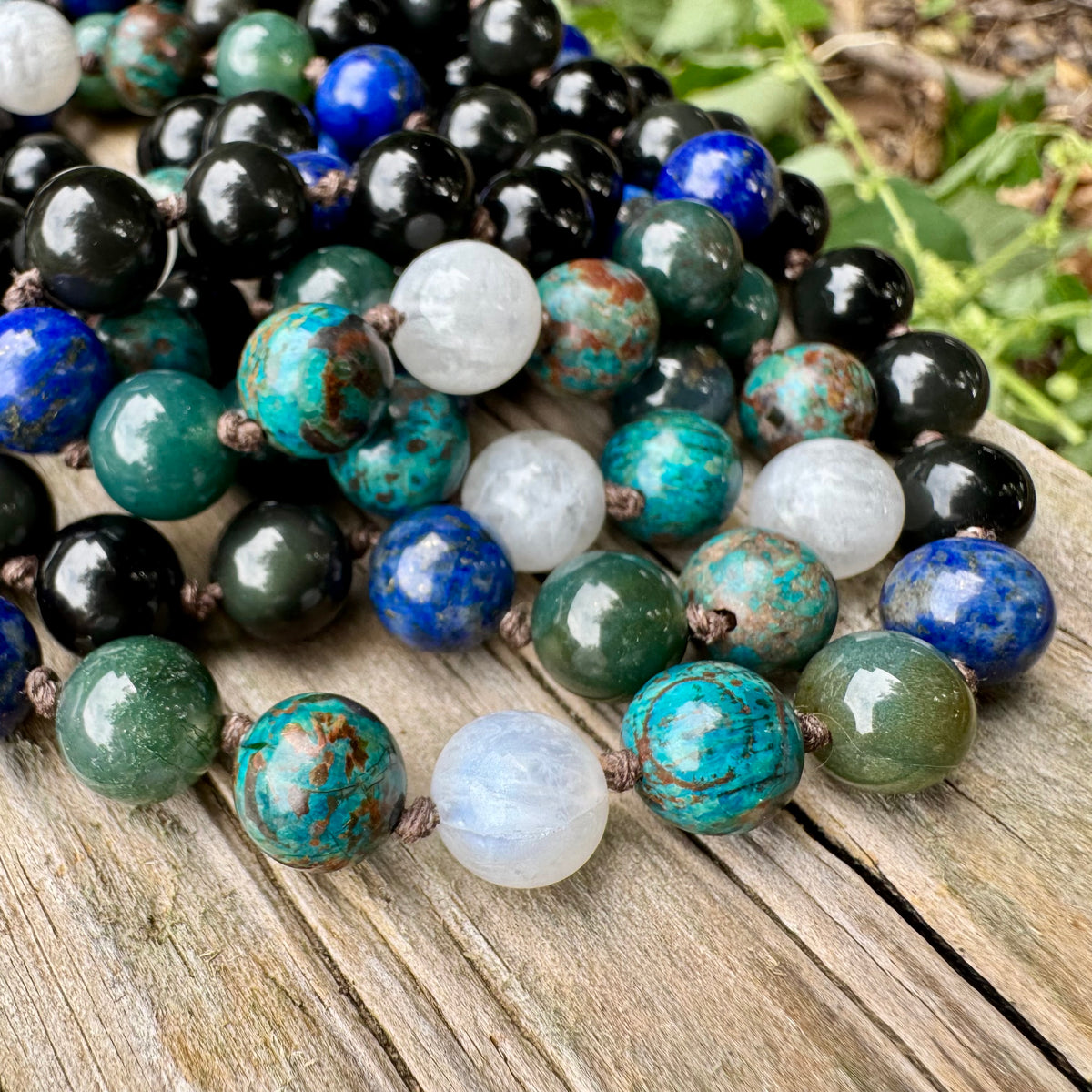 The Humble Virgo • Chrysocolla, Lapis, Moss Agate & Moonstone Virgo Mala Necklace