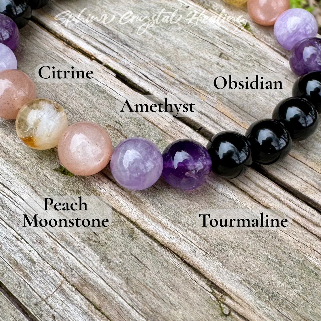 The Intuitive Cancer • Amethyst, Peach Moonstone & Black Tourmaline Zodiac Bracelet