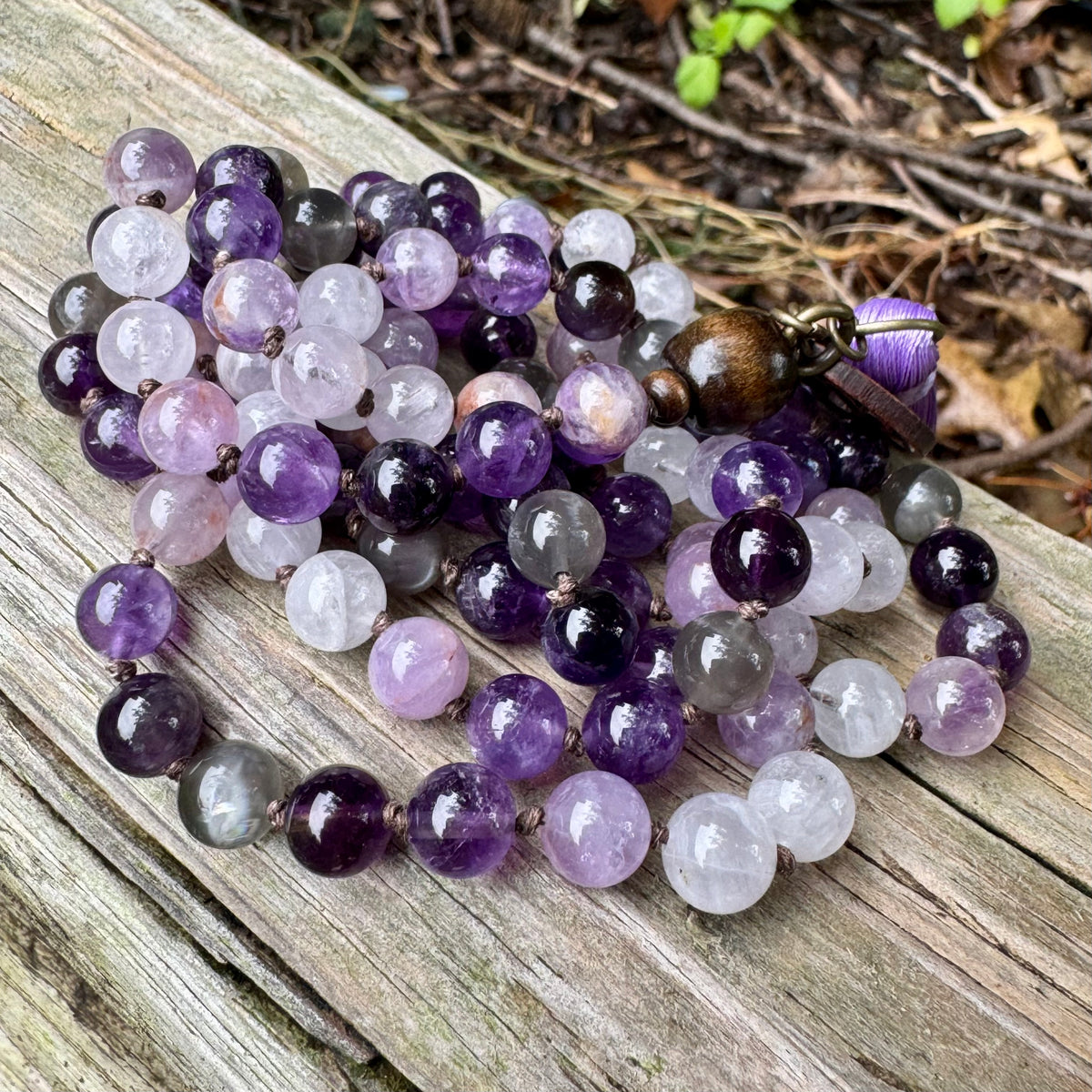 Lady of the Violet Flame • Amethyst, Black Moonstone & Hematite Spiritual Mala Necklace
