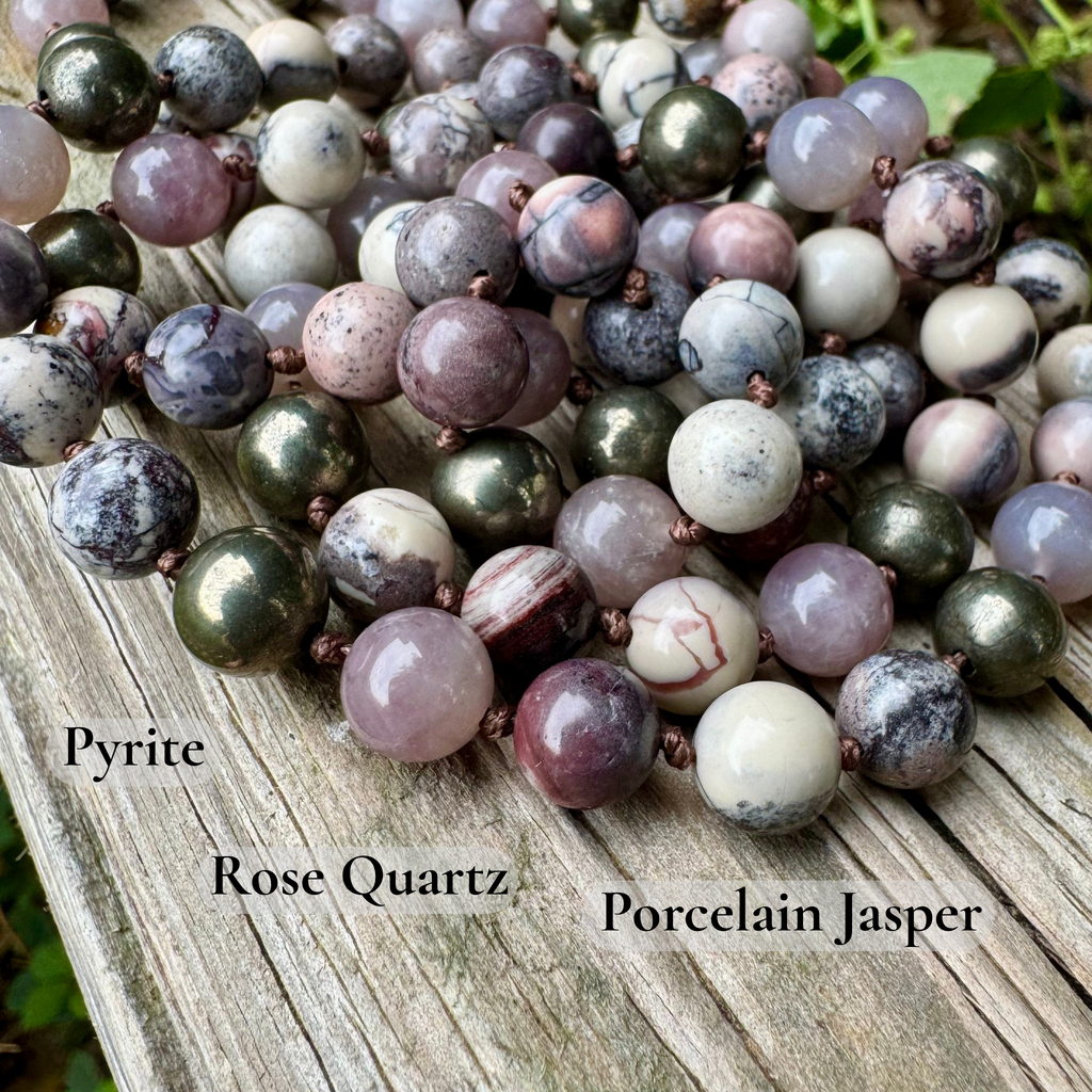 The Four Noble Truths • Porcelain Jasper, Rose Quartz & Pyrite Buddhist Mala Necklace