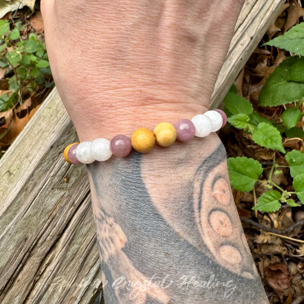 The Goddess of Love • Rose Quartz, Rainbow Moonstone & Palo Santo Self Love Bracelet