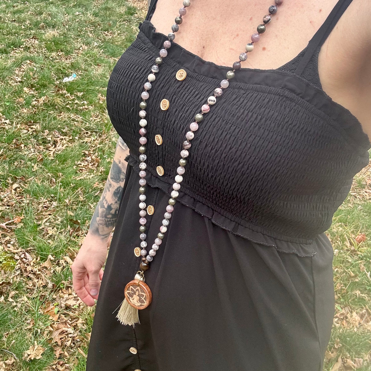 The Four Noble Truths • Porcelain Jasper, Rose Quartz & Pyrite Buddhist Mala Necklace