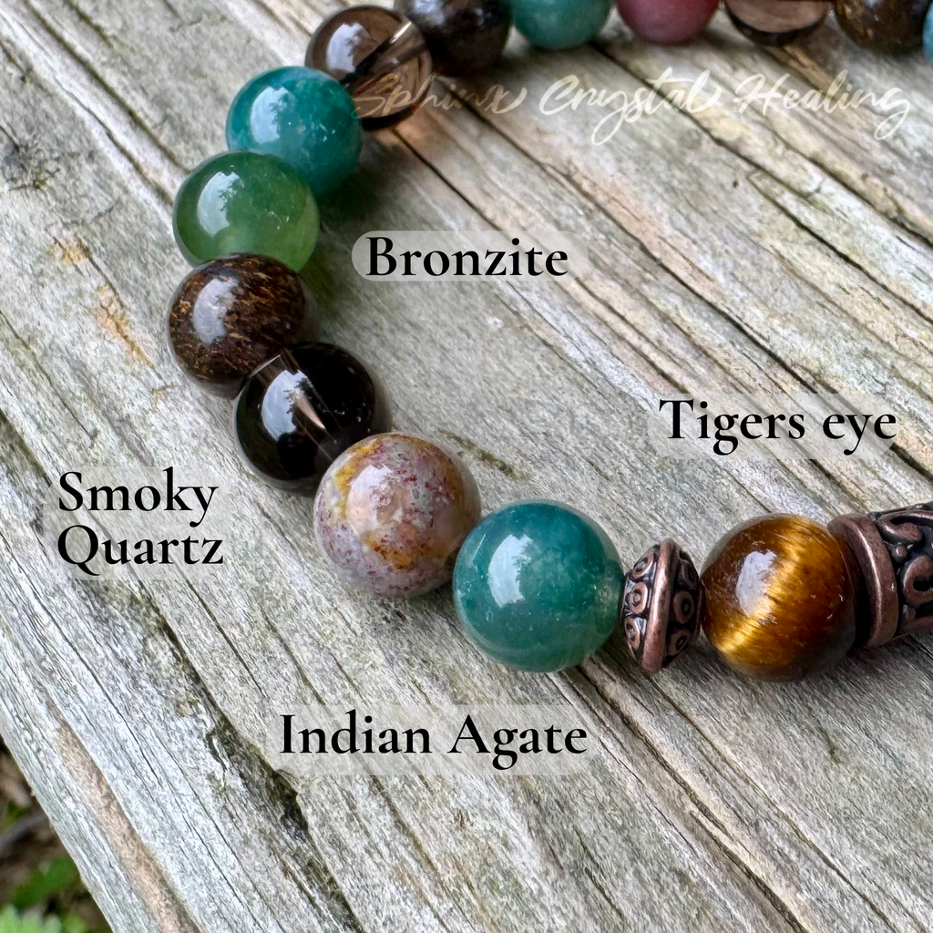 The Sagacious Mind • Indian Agate, Smoky Quartz, Bronzite & Tigers Eye Grounding Bracelet