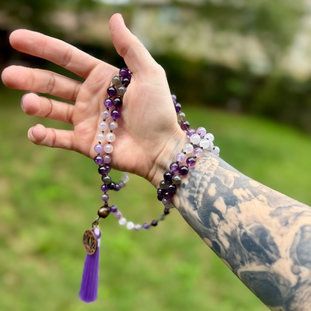 Lady of the Violet Flame • Amethyst, Black Moonstone & Hematite Spiritual Mala Necklace