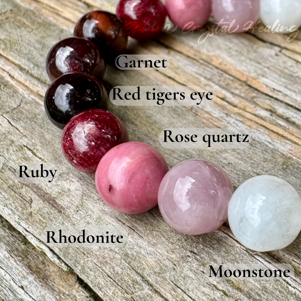 The Law of Attraction • Garnet, Ruby, Rose Quartz & Moonstone Manifest Love Bracelet