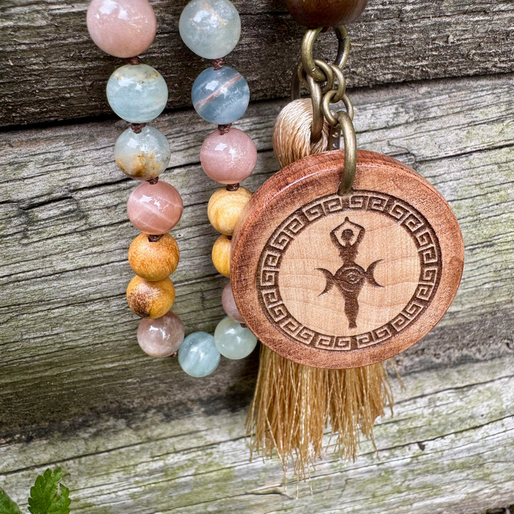 Goddess of the Ancient Sea • Lemurian Aquatine Calcite, Moonstone & Palo Santo Mala Necklace