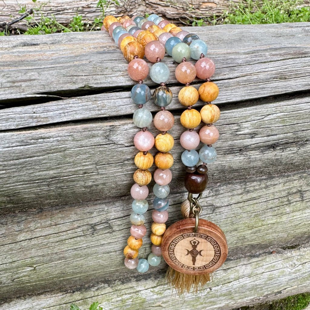 Goddess of the Ancient Sea • Lemurian Aquatine Calcite, Moonstone & Palo Santo Mala Necklace
