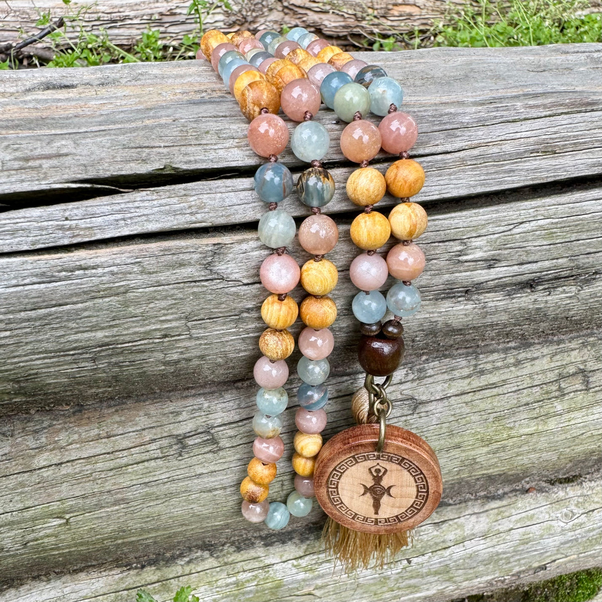 Goddess of the Ancient Sea • Lemurian Aquatine Calcite, Moonstone & Palo Santo Mala Necklace