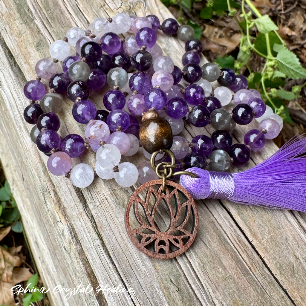 Lady of the Violet Flame • Amethyst, Black Moonstone & Hematite Spiritual Mala Necklace