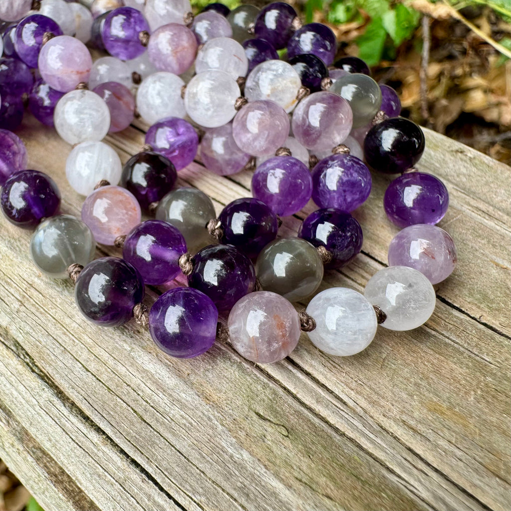 Lady of the Violet Flame • Amethyst, Black Moonstone & Hematite Spiritual Mala Necklace