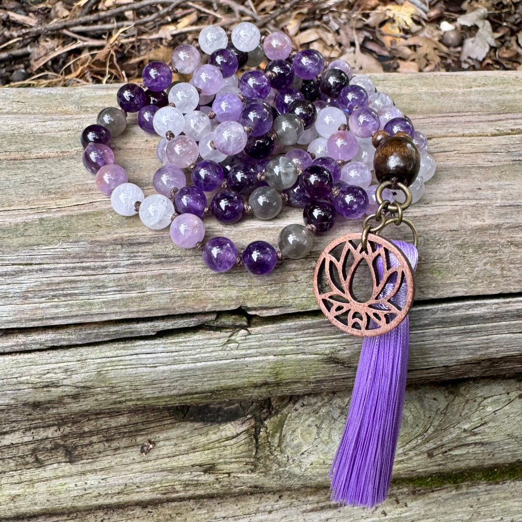 Lady of the Violet Flame • Amethyst, Black Moonstone & Hematite Spiritual Mala Necklace