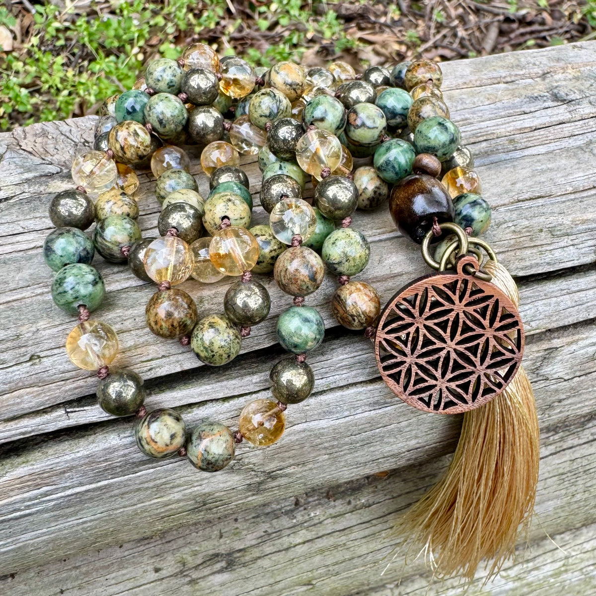 Seeds of Abundance • Citrine, Pyrite & Dendritic Jade Prosperity Mala Necklace