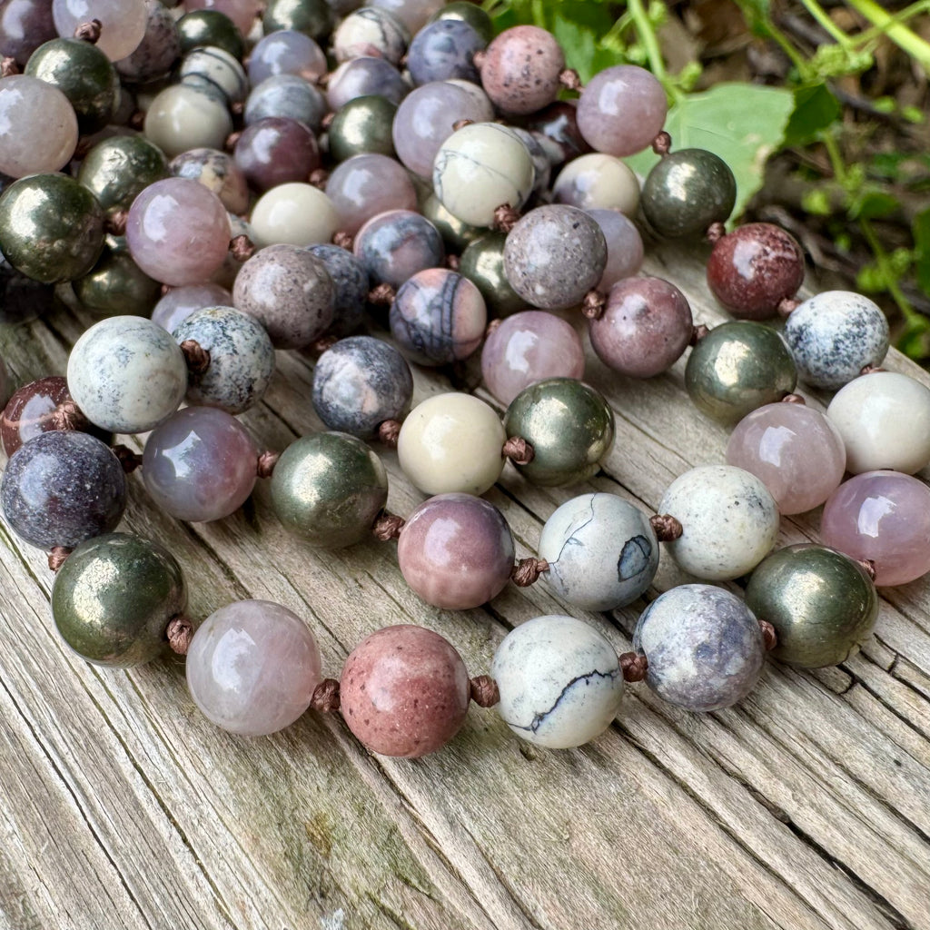 The Four Noble Truths • Porcelain Jasper, Rose Quartz & Pyrite Buddhist Mala Necklace