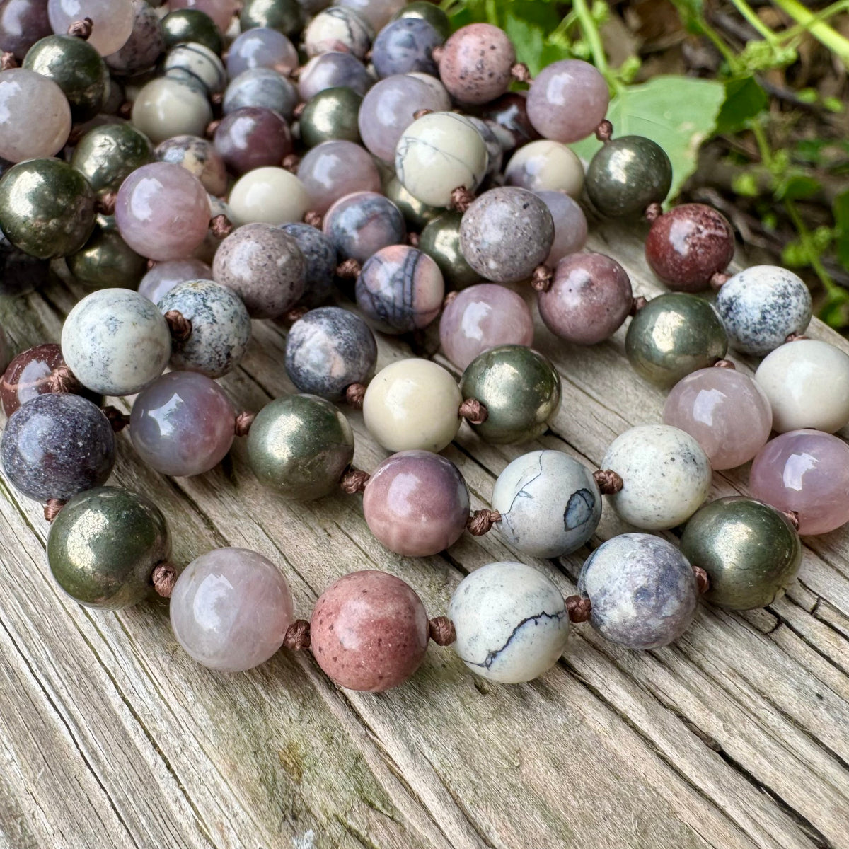 The Four Noble Truths • Porcelain Jasper, Rose Quartz & Pyrite Buddhist Mala Necklace