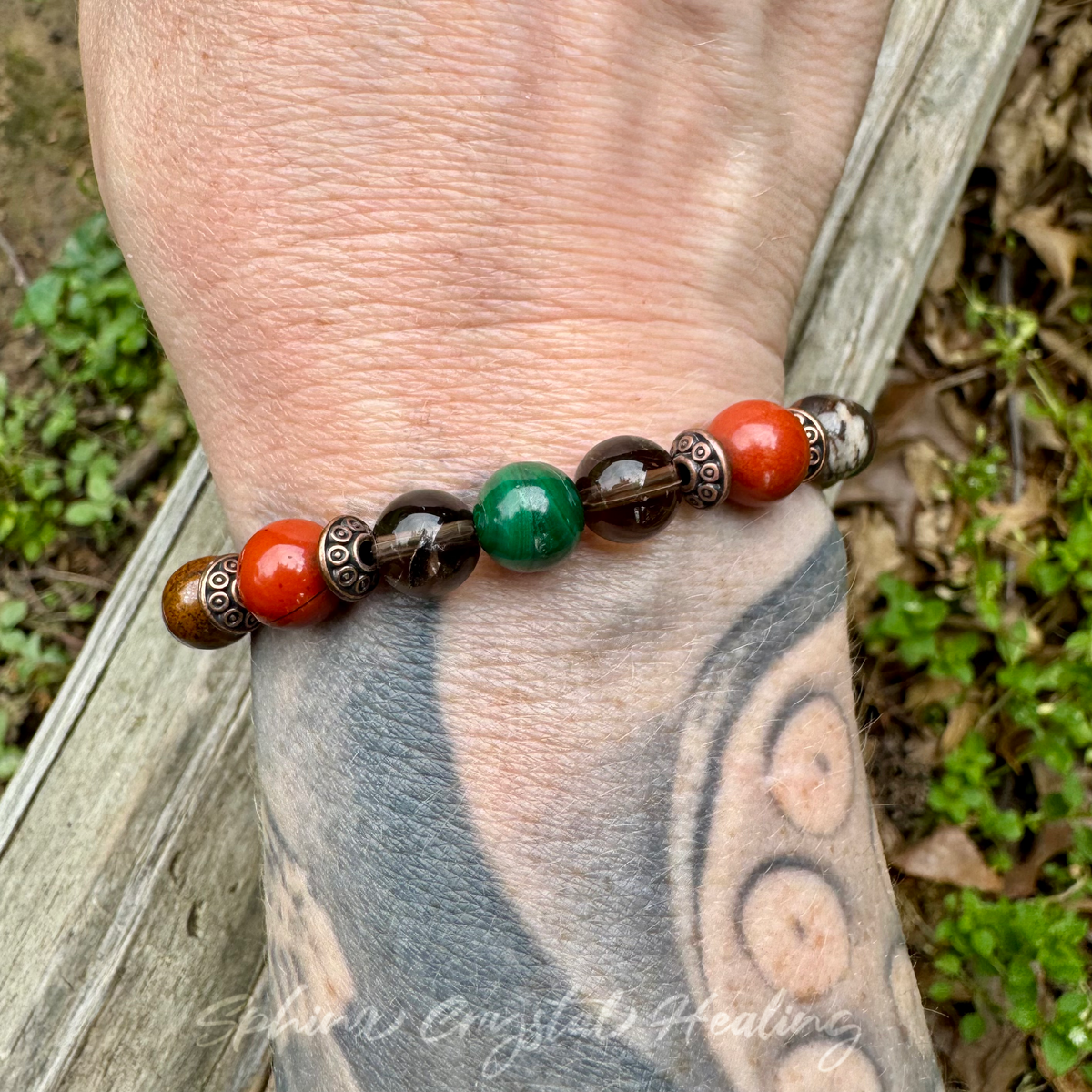 The Strength of Terra • Malachite, Red Jasper, Smoky Quartz & Tiger Iron Protection Bracelet