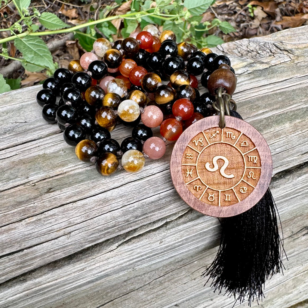 The Fearless Leo • Sunstone, Carnelian, Citrine & Tiger’s Eye Zodiac Mala Necklace