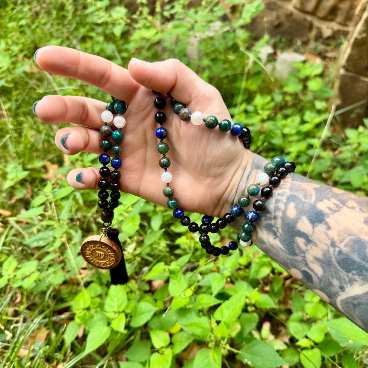 The Humble Virgo • Chrysocolla, Lapis, Moss Agate & Moonstone Virgo Mala Necklace