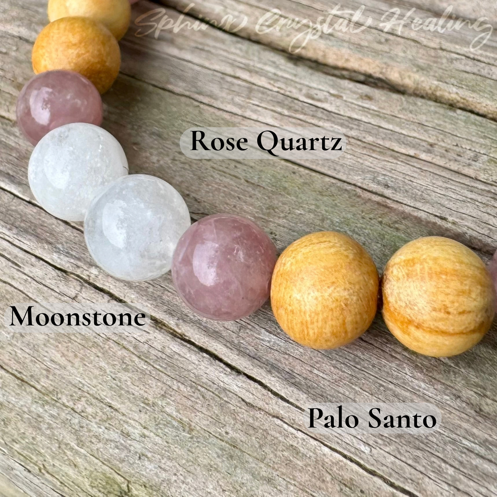 The Goddess of Love • Rose Quartz, Rainbow Moonstone & Palo Santo Self Love Bracelet