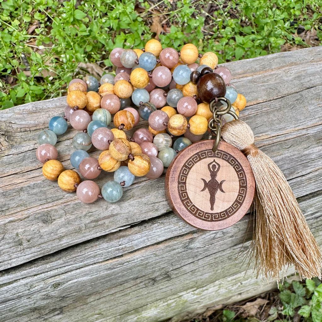Goddess of the Ancient Sea • Lemurian Aquatine Calcite, Moonstone & Palo Santo Mala Necklace
