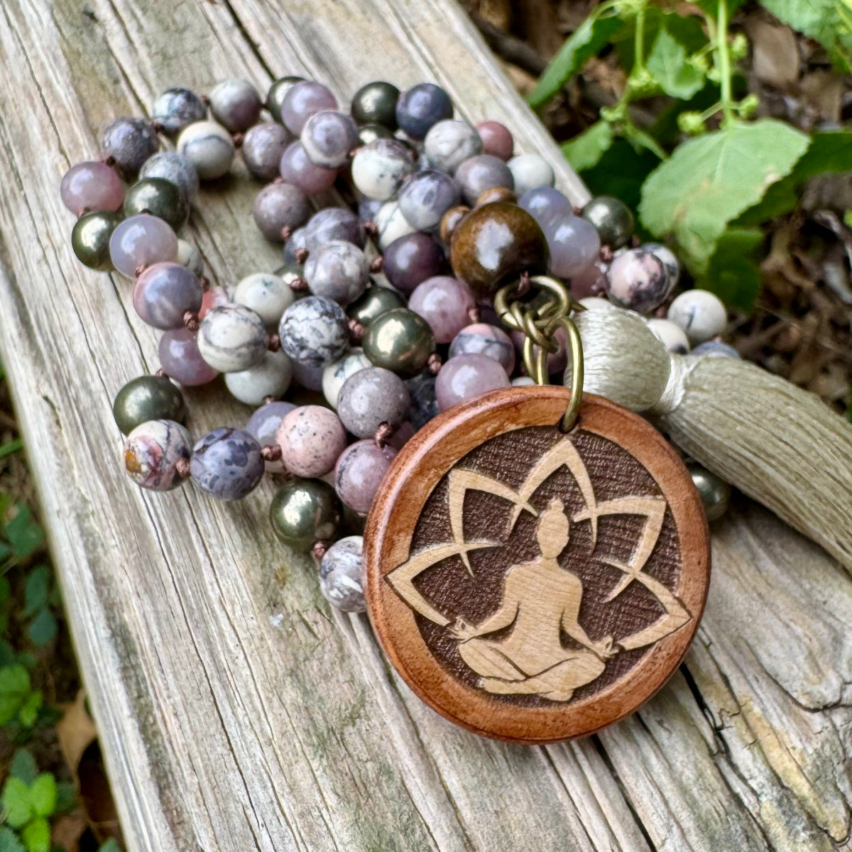 The Four Noble Truths • Porcelain Jasper, Rose Quartz & Pyrite Buddhist Mala Necklace