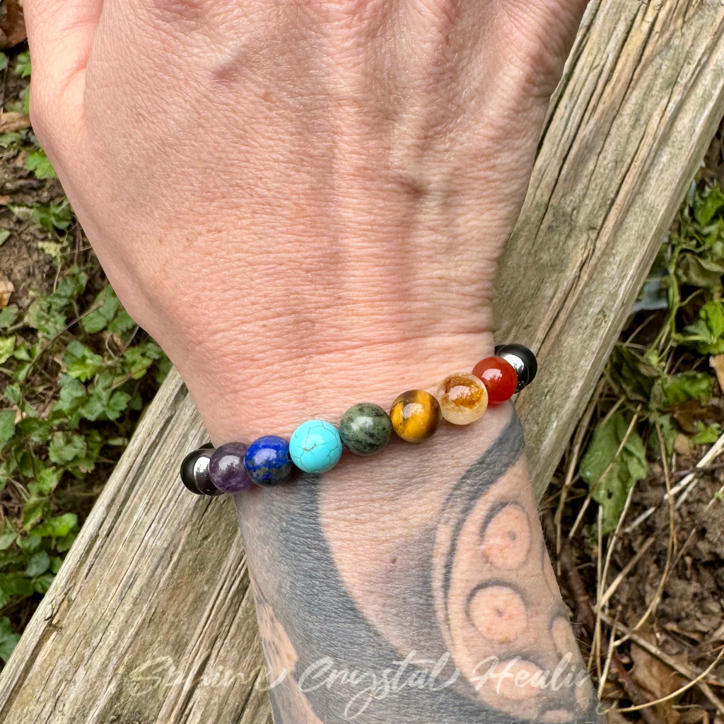 Chakra Protection & Grounding Bracelet • Black Onyx, Hematite & Seven Chakra Crystals