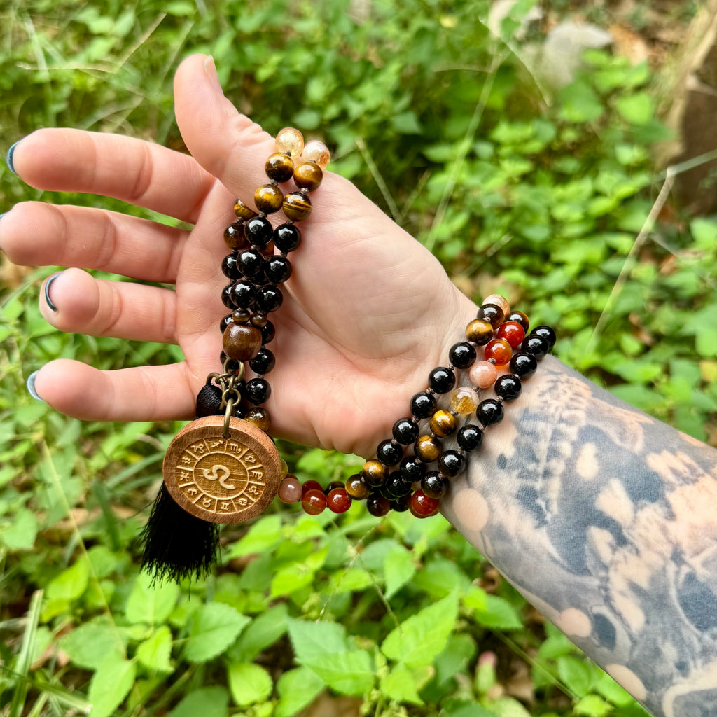 The Fearless Leo • Sunstone, Carnelian, Citrine & Tiger’s Eye Zodiac Mala Necklace