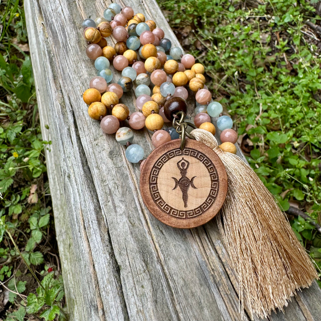 Goddess of the Ancient Sea • Lemurian Aquatine Calcite, Moonstone & Palo Santo Mala Necklace