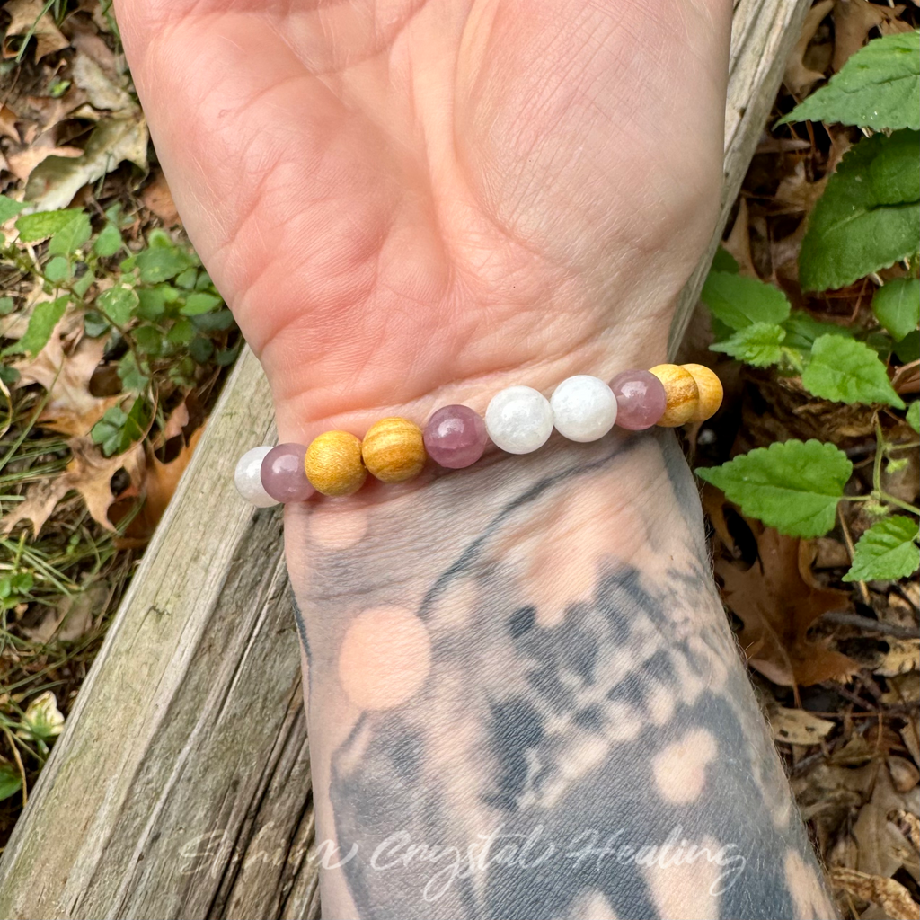 The Goddess of Love • Rose Quartz, Rainbow Moonstone & Palo Santo Self Love Bracelet