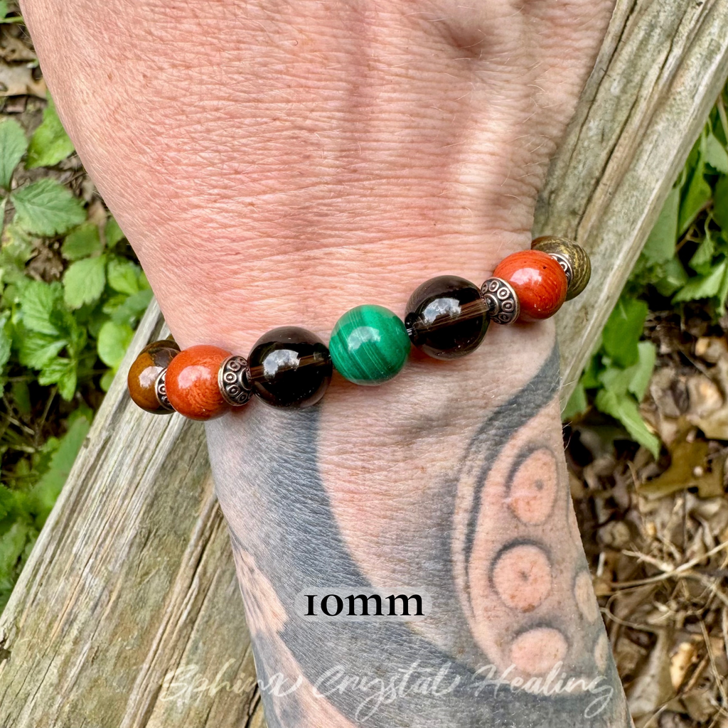 The Strength of Terra • Malachite, Red Jasper, Smoky Quartz & Tiger Iron Protection Bracelet
